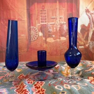 💙 3pc Vintage Cobalt Blue Glass Decor Set 💙